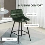 Set 2 Sgabelli da Bar con Schienale e Poggiapiedi Stile Nordico in Metallo e Velluto, Verde, 45x47x84cm - immagine 5
