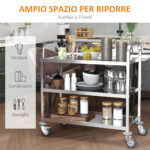 Carrello da Cucina 3 Ripiani Aperti 4 Ruote Omnidirezionali con 2 Freni Cuscinetti Anti-Collisione in Acciaio Inossidabile 430 Argento 90,5x50,5x88,2cm - immagine 4