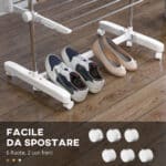 Stendino Verticale Pieghevole in Acciaio e Plastica con 6 Ruote e 4 Ripiani Regolabili, 142x55x172 cm - immagine 7