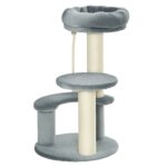 Albero Tiragraffi per Gatti a 3 Livelli con Piattaforme, Lettino e Pali in Sisal, Torre per Gatti con Rivestimento in Peluche, Ø40x65 cm, Grigio