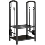 Potalegna per Camino in Acciaio, Scaffale per legna da ardere con Set Attrezzi, con Paletta, Scopa, Attizzatoio e Pinza, Nero | Aosom Italy