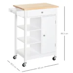 Carrello da Cucina Salvaspazio in MDF con Piano di Lavoro in Legno di Gomma, Cassetto, Armadietto, 3 Mensole, Ripiani Regolabili, Porta Strofinacci e Ruote Girevole, 66x39,5x86,5cm, Bianco - immagine 10