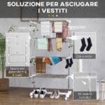 Stendino Verticale Pieghevole in Acciaio e Plastica con 6 Ruote e 4 Ripiani Regolabili, 142x55x172 cm - immagine 5