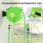 Avvolgitubo da Giardino Retrattile con Tubo dell'Acqua 15 m, Rullo Avvolgitubo da Parete Girevole a 180°, Avvolgitubo Automatico Tubo da Giardino per Irrigazione in plastica, Verde - immagine 5