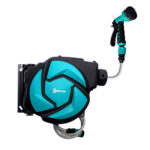 Avvolgitubo Automatico a Parete con Tubo da 10 m, in Plastica e PP, 28x14x34 cm, Nero e Azzurro