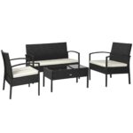 Set da Giardino 4 Pezzi in Rattan PE con Tavolino da Giardino, 2 Poltroncine e Divano 2 posti, Nero e Crema