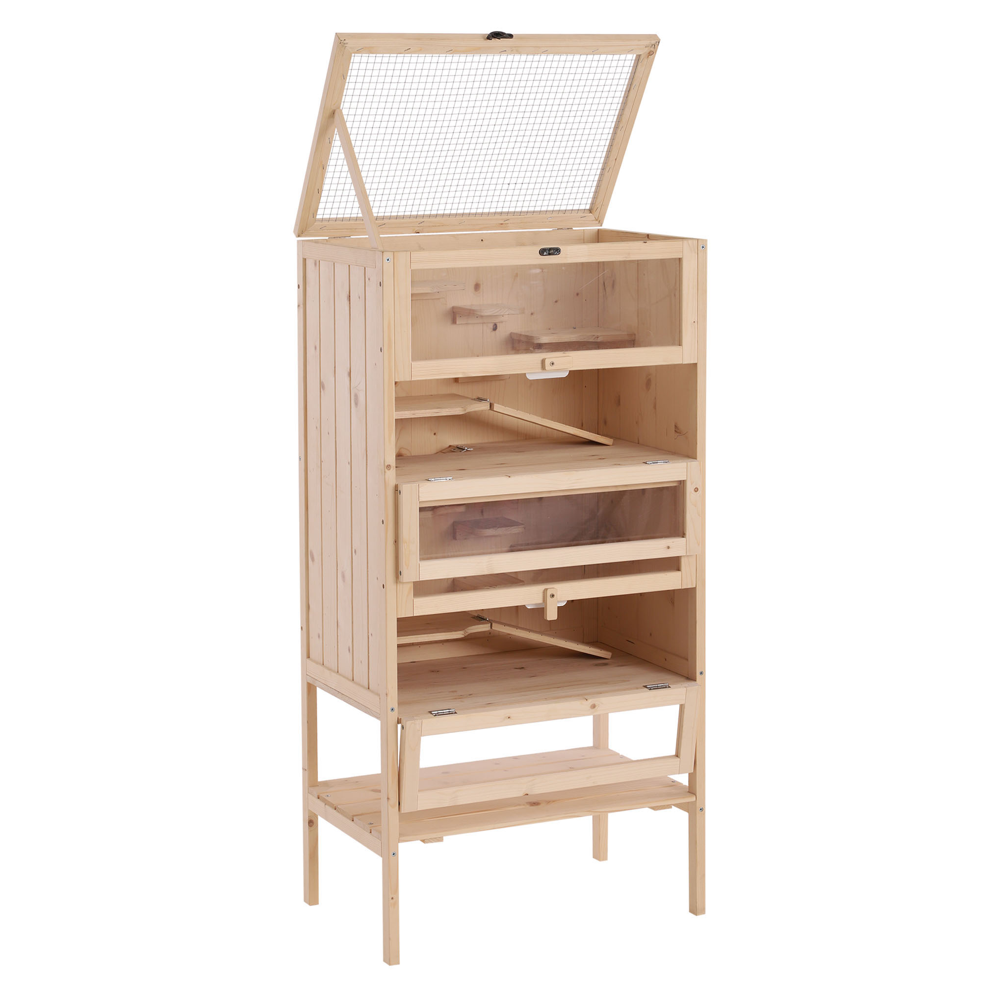 dFf349194950bb05e.jpg Gabbia per Criceti Roditori Porcellini d'India in Legno Massello Tetto Apribile 4 Ripiani Collegati con Rampe 60x40x120cm - immagine 1