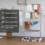 Stendino Verticale Pieghevole in Acciaio e Plastica con 6 Ruote e 4 Ripiani Regolabili, 142x55x172 cm - immagine 8