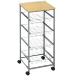 Carrello da Cucina Salvaspazio con 4 Cesti Estraibili in Legno e Acciaio, 36,5x36,5x89 cm, Argento e color Legno