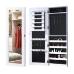 Specchio Portagioie da Parete con Ganci e Scompartimenti in Legno, Armadietto Portagioie con Specchio per Orecchini, Collane e Anelli, 37x9,5x112 cm, Bianco