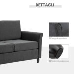 Divano a 2 Posti a Seduta Ampia con Cuscini Rimovibili da Salotto in Tessuto Effetto Lino e Gommapiuma, 141x70x78 cm, Grigio scuro e Nero - immagine 7
