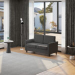 Divano a 2 Posti a Seduta Ampia con Cuscini Rimovibili da Salotto in Tessuto Effetto Lino e Gommapiuma, 141x70x78 cm, Grigio scuro e Nero - immagine 2