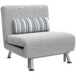 Poltrona Letto Singolo 3 in 1 con Schienale Reclinabile su 5 Livelli, Cuscino Imbottito e Materasso, Divano Letto Singolo Pieghevole per Soggiorno, in Acciaio e Lino, 75x70x75cm, Grigio Chiaro