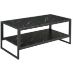 Tavolino da Caffè Nero, Tavolino Effetto Marmo con Ripiano Inferiore, da Soggiorno o Ufficio, Design Moderno, Telaio in Acciaio, 106x50x45cm, Nero