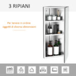 Armadietto Angolare Bagno in Acciaio Anta a Specchio Chiusura Magnetica 3 Ripiani Salvaspazio 60x30x18,4cm - immagine 7