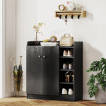 Scarpiera Ingresso con 4 Ripiani Aperti, Scarpiera Armadio Multiuso con Armadietto a 2 Ante e Ripiani Regolabili, Porta Scarpe Salvaspazio per 12 Paia, 83x30x90 cm, Nero - immagine 7