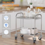 Carrello Cucina 2 Ripiani, Carrello con Ruote Portatutto, Carrello Portavivande in Acciaio Inox, 80x45x82cm, Argento - immagine 7