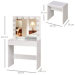 Postazione Trucco, Toeletta Trucco con Specchio, 12 Luci LED, Sgabello Imbottito e Ampio Cassetto in Legno, 80x40x140 cm, Bianco - immagine 3