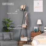 Appendiabiti da Terra con 2 Ripiani e 6 Ganci, Attaccapanni ad Albero in Stile Industriale, 46x52x182 cm, Nero e Marrone - immagine 6