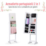 Armadio Portagioie Portagioielli con Specchio Regolabile e Illuminazione LED, Legno, Bianco, 30x146x36 cm - immagine 4