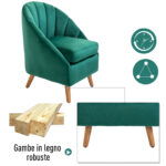 Poltrona da Camera da Letto e Salotto in Velluto Verde con Imbottitura Spessa e Solida Struttura in Legno (67x65x77cm) - immagine 5