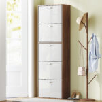 Scarpiera Slim a 5 Livelli con 2 Ripiani per Livello, in MDF, 60x28x189 cm, Bianco e Marrone - immagine 2