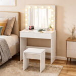 Postazione Trucco, Toeletta Trucco con Specchio, 12 Luci LED, Sgabello Imbottito e Ampio Cassetto in Legno, 80x40x140 cm, Bianco - immagine 7