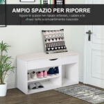 Panca Scarpiera, Mobile Portascarpe Salvaspazio con Sedile Imbottito Ribaltabile da Ingresso Legno, 80x30x47cm, Bianco - immagine 5