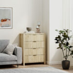 Cassettiera con 4 Cassetti Scanalati e Maniglie Dorate, 70x38x93 cm, Legno Naturale - immagine 9