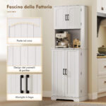 Credenza da Cucina Alta Stile Country, 2 Armadietti e 8 Portaspezie, 60x40x181,5 cm, Bianco - immagine 6