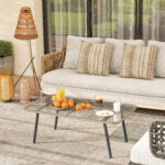 Tavolino da Giardino in Rattan PE con Piano in Vetro e Acciaio, 110x60x40 cm, Legno Naturale - immagine 2