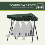 Dondolo da Giardino a 3 Posti con Tettuccio Inclinabile e Cuscini, 172x110x153 cm, Verde - immagine 6