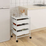 Carrello Multiuso con 3 Cestini Estraibili e Ruote per Cucina e Ufficio in Acciaio e PP, Bianco - immagine 2