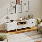 Mobile TV 70" max con 2 Ante a Ribalta, Cassetto e Scaffale Aperto, in Legno, 150x35x45 cm, Bianco e color Legno - immagine 9