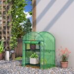 Mini Serra da Giardino con 2 Ripiani in Metallo e Copertura in PE, 69x49x92cm, Verde - immagine 2