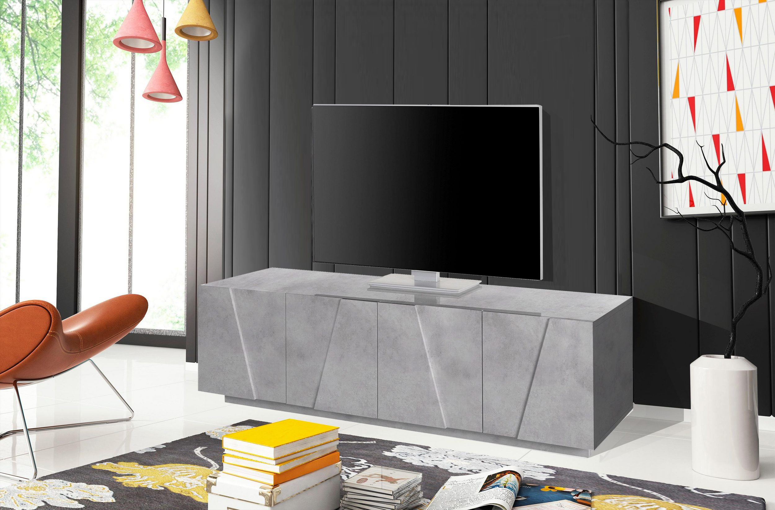 10418018_PING_AMB.jpg Porta tv PING 160 cm 4 ante battenti Cemento Bronx - immagine 1