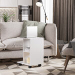 Tavolino da Salotto a C con 2 Ripiani Aperti e 4 Ruote Girevoli, in MDF e PE, 45x35x58 cm, Bianco - immagine 2