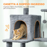Albero Tiragraffi per Gatti Alto 202 cm con 6 Pali in Sisal, 2 Casette, 2 Amache e Lettino, Grigio - immagine 5