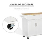 Carrello da Cucina Multiuso in Legno con 2 Cassetti, 3 Antine e 4 Ruote 121x46x91cm - Bianco - immagine 6