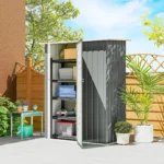 Capanno Porta Attrezzi in Metallo con Tetto Inclinato e Porta Bloccabile, 142x86x189 cm, Grigio Chiaro - immagine 2