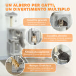 Albero Tiragraffi per Gatti Alto 140 cm con 2 Casette, Amaca, Lettino e Pali in Sisal, Grigio - immagine 4