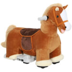 Cavallo Elettrico per Bambini con Pedali, Rotelle e Suoni, in Peluche e Metallo, 74x34x51 cm, Marrone