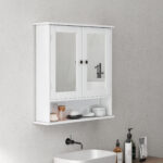 Armadietto Bagno da Parete con 2 Ante a Specchio e Ripiano Aperto, 56x13x58 cm, Bianco - immagine 7