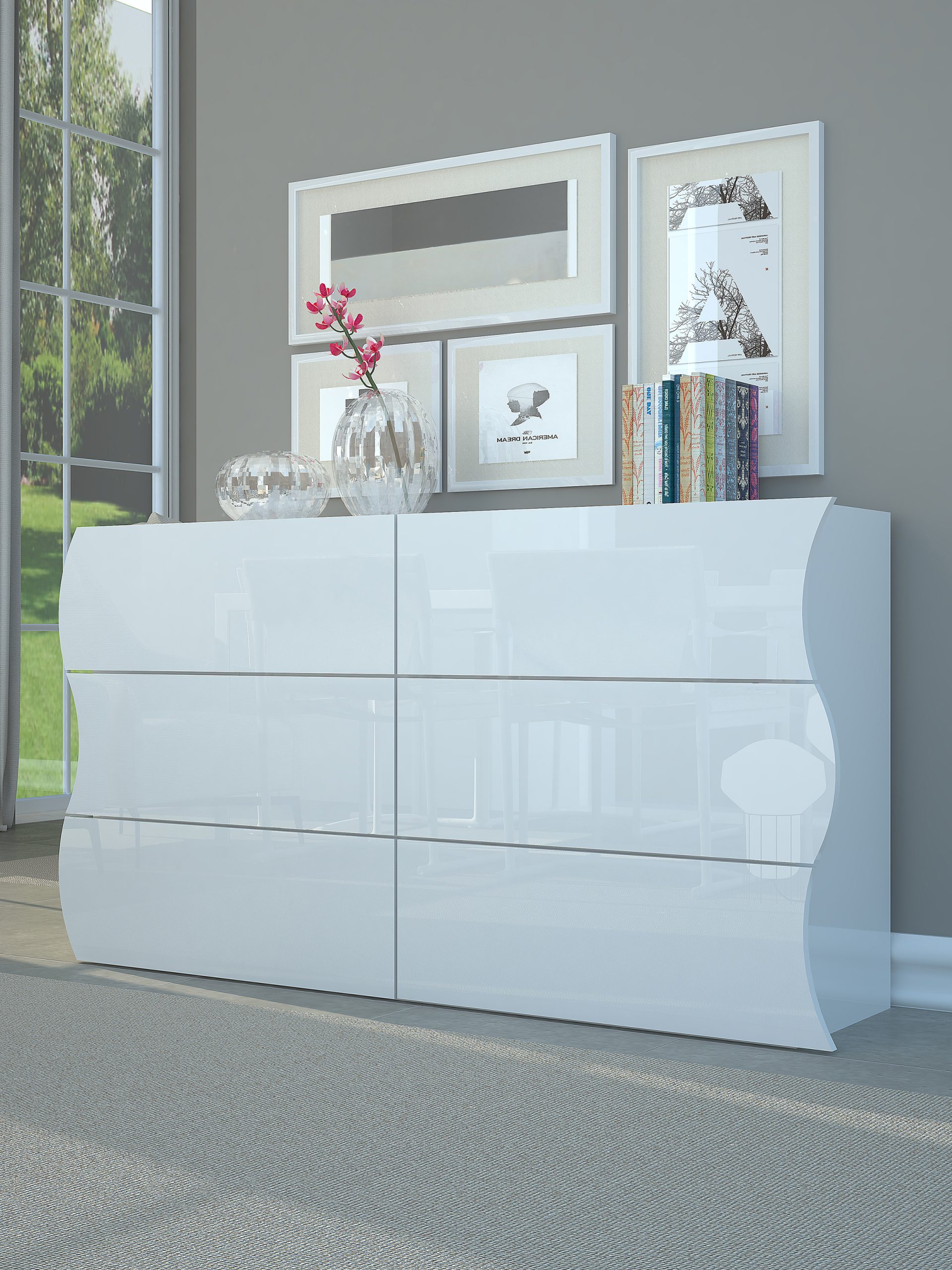 21062501_ONDA_AMB.jpg Cassettiera ONDA 6 cassetti 150 cm Bianco laccato lucido - immagine 1
