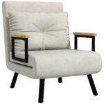 Poltrona Letto 3 in 1 con Schienale Reclinabile e Cuscino, in Tessuto Effetto Velluto, 63x73x81 cm, Crema