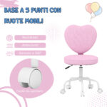 Sedia per Scrivania a Forma di Cuore con 5 Rotelle e Altezza Regolabile in Tessuto Rosa, 42x50x79-89cm - immagine 6