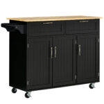 Carrello da Cucina in Legno con 2 Cassetti, Armadietto 3 Ante e 4 Ruote, 121x46x91cm, Nero