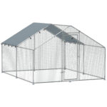Recinto per Galline da 10,2m² per 10-15 Galline con Tetto Impermeabile, in Acciaio e Tessuto, 3x3,4x1,9 m, Argento
