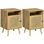 Set 2 Comodini in Stile Boho con Armadietto e Ripiano Aperto, in Truciolato, Rattan e MDF, 39x35x60 cm