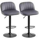 Set 2 Sgabelli Alti da cucina Moderno con Schienale e Poggiapiedi, Girevoli con Altezza Regolabile, imbottitura velluto, Grigio | Aosom Italy